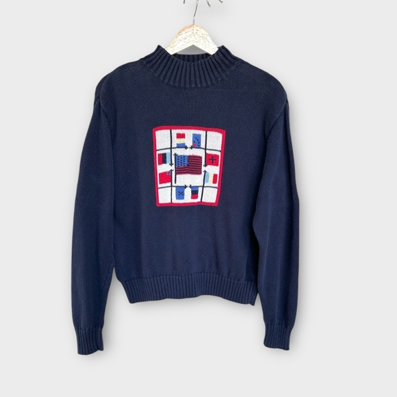 Vintage Sweaters - Vintage USA Europe Flag Crewneck Sweater in Navy
